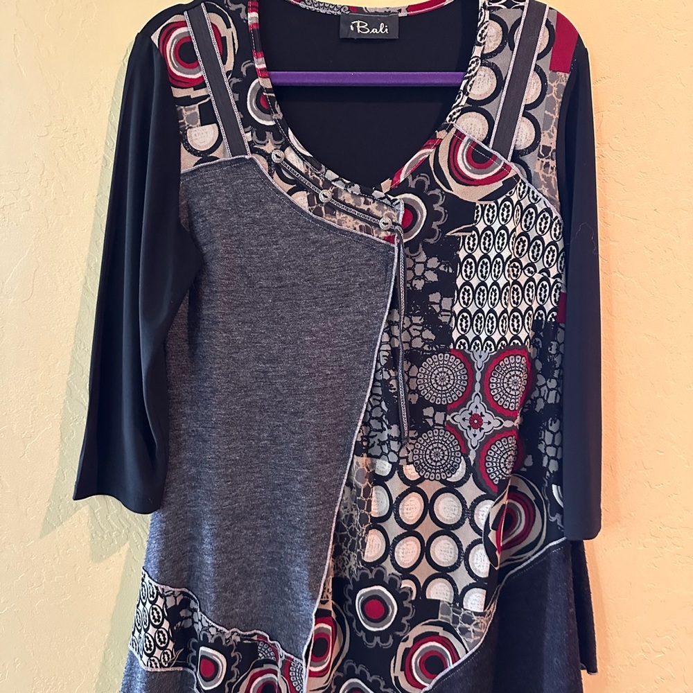 Bali Gray, Red and Black Asymmetrical 3/4 Sleeve Blouse
